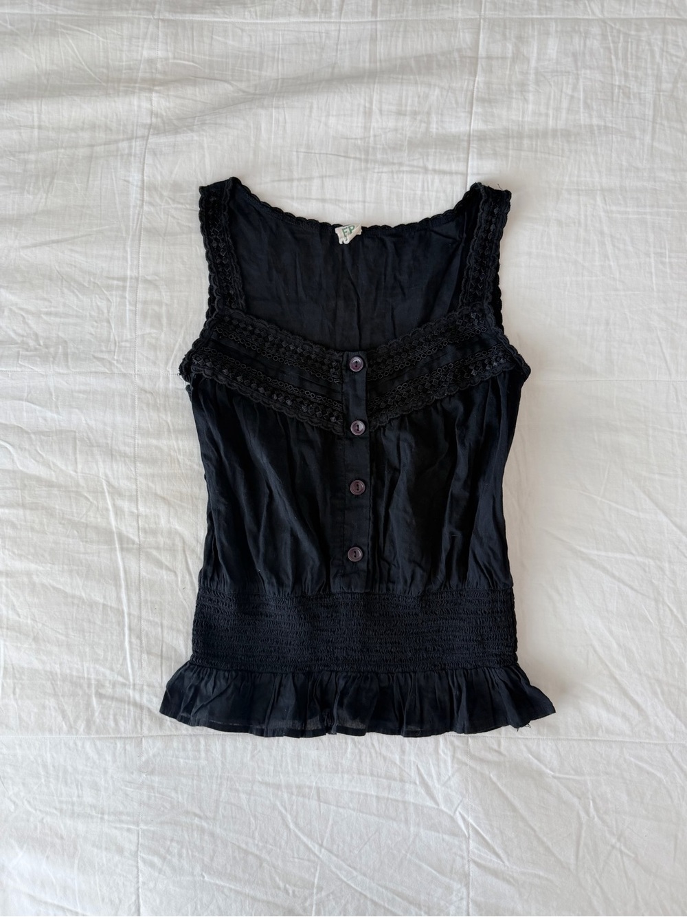 Free People Black Button Front Crochet Lace Neckline Peplum Hem Tank Size 6